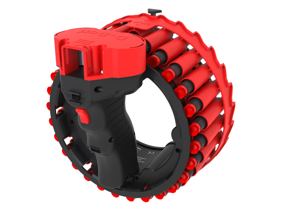 D-Dart Tempest V2 in red, its drum loaded with darts